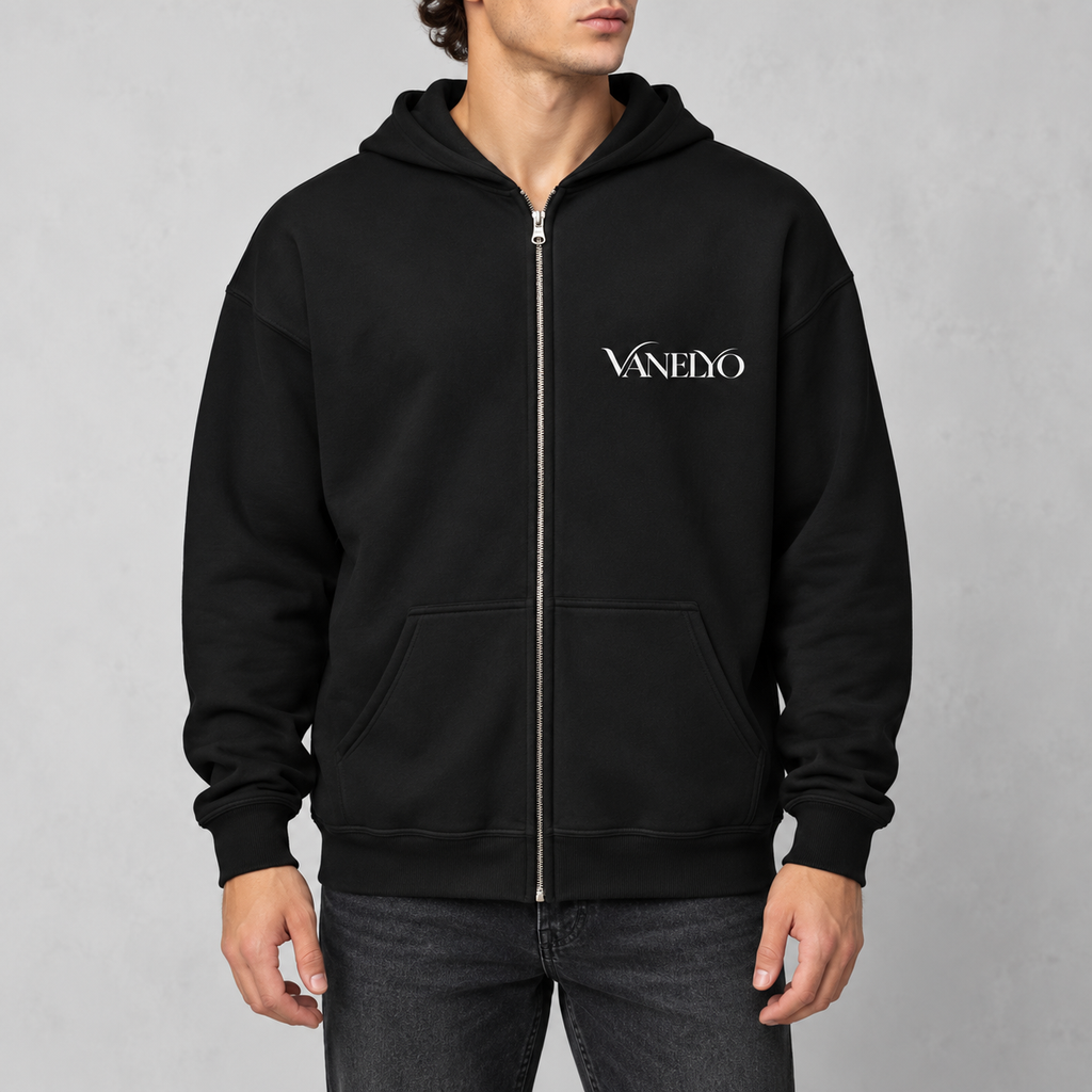 Visuel créé par IA du sweat à capuche zippé noir VANELYO porté par un mannequin